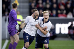 Henrik Dalsgaard jubler over sin scoring mod FC Midtjylland i april.