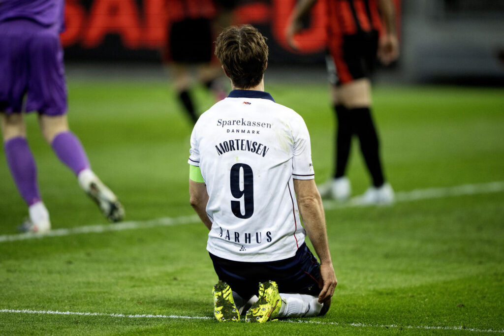 Patrick Mortensen under AGF's kamp mod FC Midtjylland.