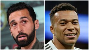 Real Madrids Alvaro Arbeloa og Kylian Mbappé i samme billede.