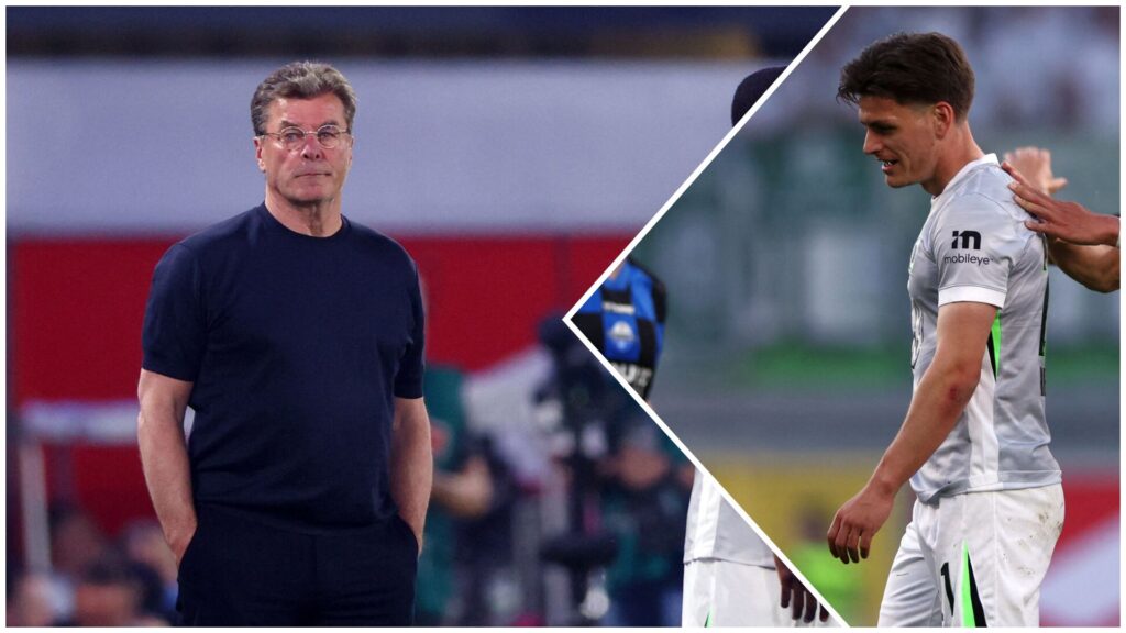 Dieter Hecking ser til mens Joakim Møhæe får rødt kort for Wolfsburg.