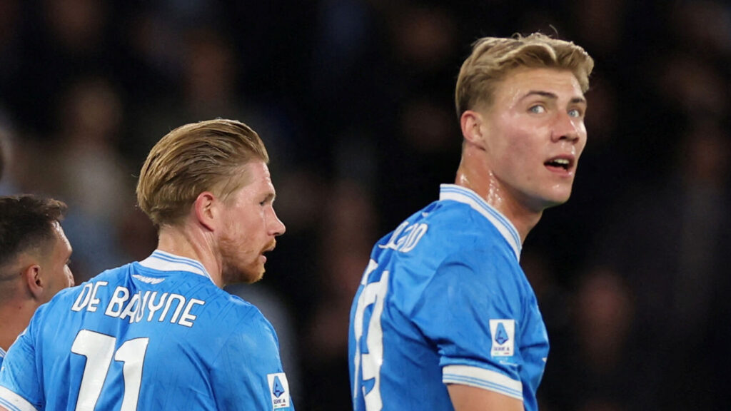 Rasmus Højlund med åben mund i Napoli.