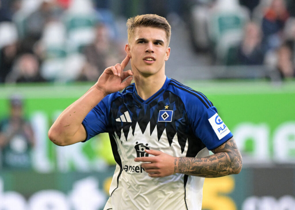 Luka Vuskovic jubler efter scoring for Hamburger SV i kampen mod VfL Wolfsburg i Bundesligaen den 7. marts 2026.