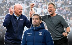 En collage af Uwe Rösler, Kasper Hjulmand og Jakob Poulsen.