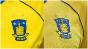 Brøndbys nye logo og det gamle logo side om side.