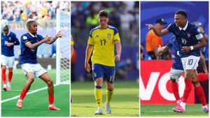 frankrigs Bradley Barcola og Kylian Mbappe jubler - svenske Gyökeres er skuffet.