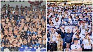 En collage af AGF- og Lech Poznan-fans.