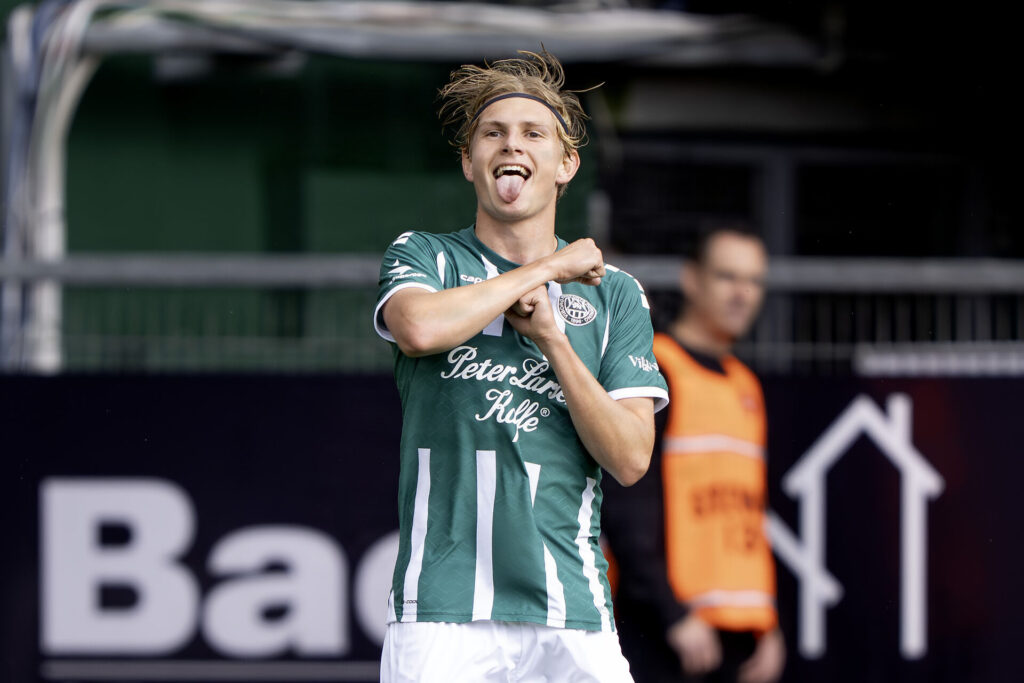 Viborgs Thomas Jørgensen reagerer, efter han har udlignet til 1-1 under superligakampen mellem Viborg FF og AGF på Energi Viborg Arena søndag den 14. september 2025.