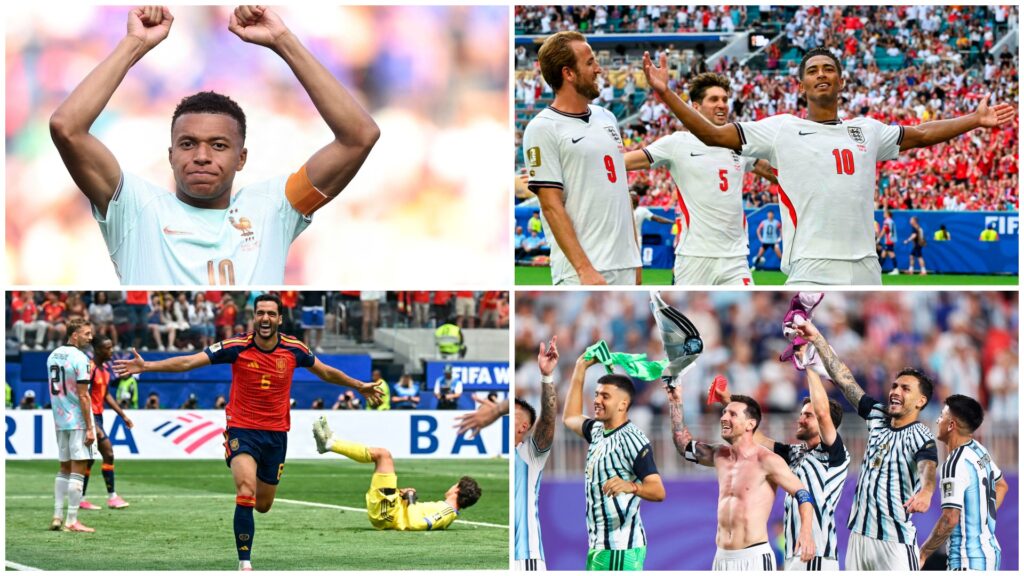 En collage af Spanien, Frankrig, Argentina og England.