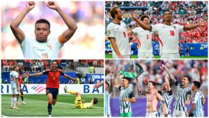 En collage af Spanien, Frankrig, Argentina og England.