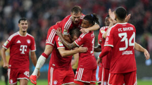Bayern Munich's Joshua Kimmich, Harry Kane og Michael Olise jubler