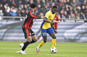 Ousmane Sow i aktion for Brøndby mod FCM.