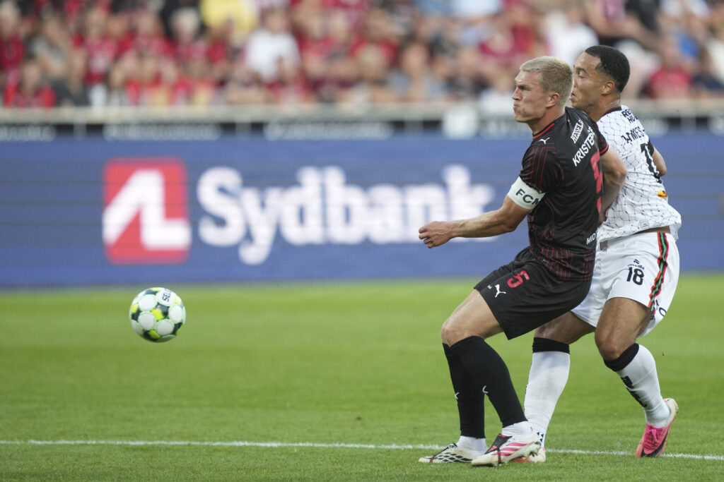 Rasmus Nissen Kristen for FCM under Conference League-kvalifikationen mellem FC Midtjylland og Bohemians FC på MCH Arena den 13. august 2026.