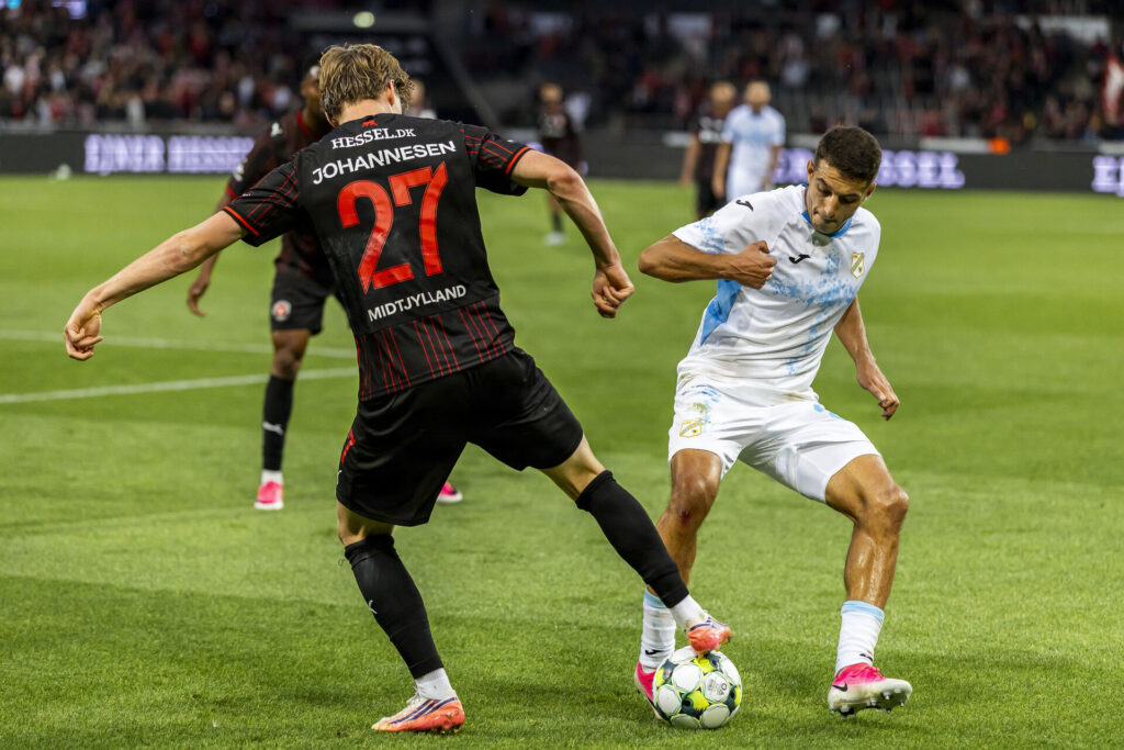 Sofus Johannesen for FC Midtjylland i kampen mod HNK Rijeka i Conference League-kvalifikationen den 20. august 2026.