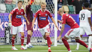 Spillere fra Silkeborg IF, inden deres andet mål blev annulleret