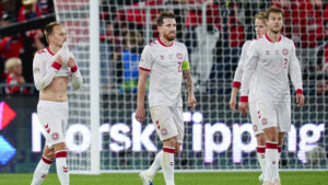 Pierre Emile Højbjerg, Mikkel Damsgaard, Joachim Andersen og Morten Hjulmand efter at have lukket en scoring ind i kampen mod Norge