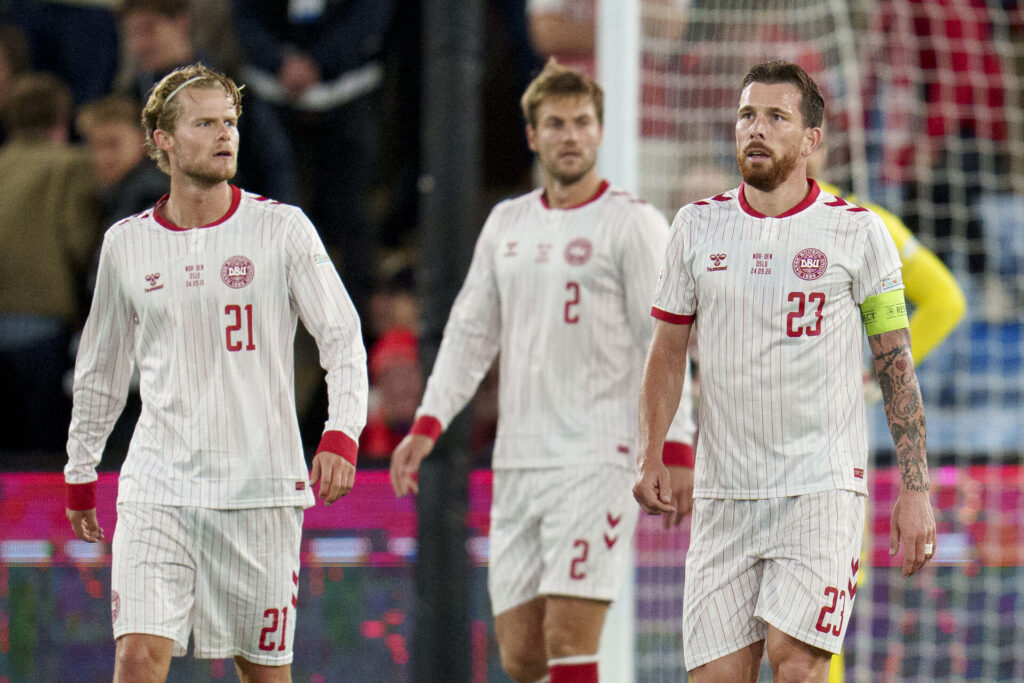 Morten Hjulmand og Pierre Emile Højbjerg under kampen mellem Danmark og Norge i Nations League den 24. september 2026.