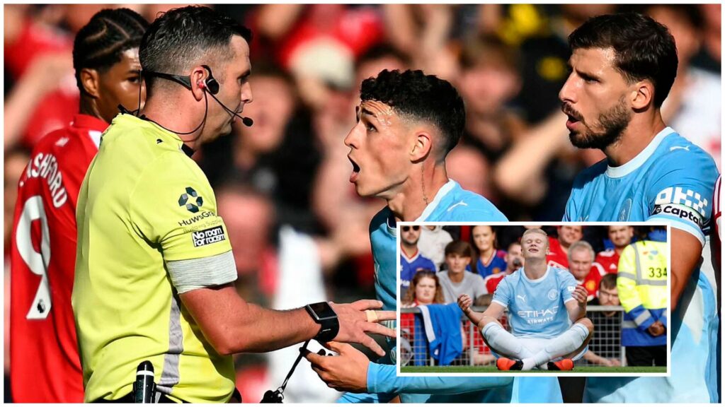 Dommer Michael Oliver dømte to gange kontroversielt i manchester-derby.