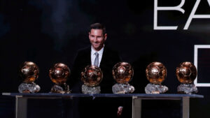 Lionel Messi med sine Ballon d'Or-træfer