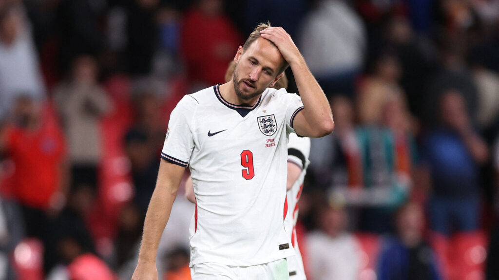 Harry Kane under lørdagens kamp mod Spanien