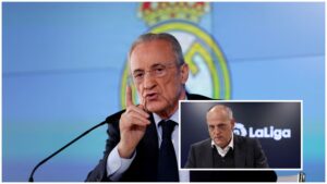 Real Madrids Florentino Perez og LaLigas Javier Tebas.