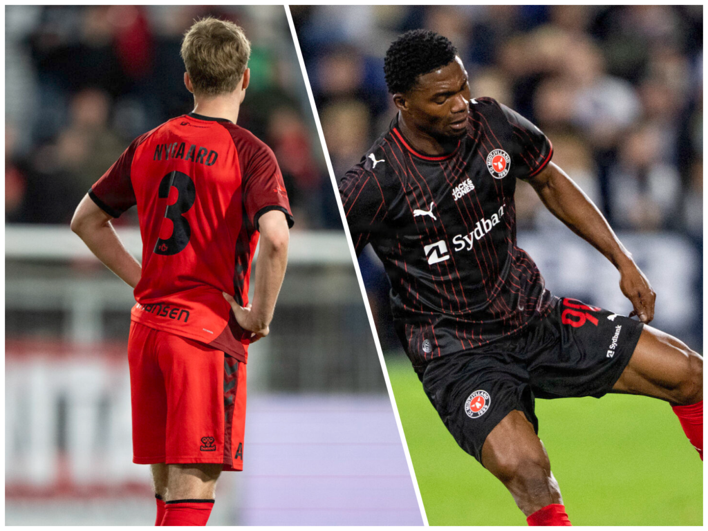 FC Fredericias Adam Nygaard og FC Midtjyllands Friday Etim