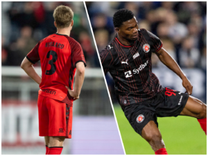 FC Fredericias Adam Nygaard og FC Midtjyllands Friday Etim